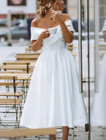 Wholesa Simple Wedding Dresses Satin Little White Dresses A-Line Off Shoulder Formal Short Sleeve Tea Length Bridal Gowns With Solid Color