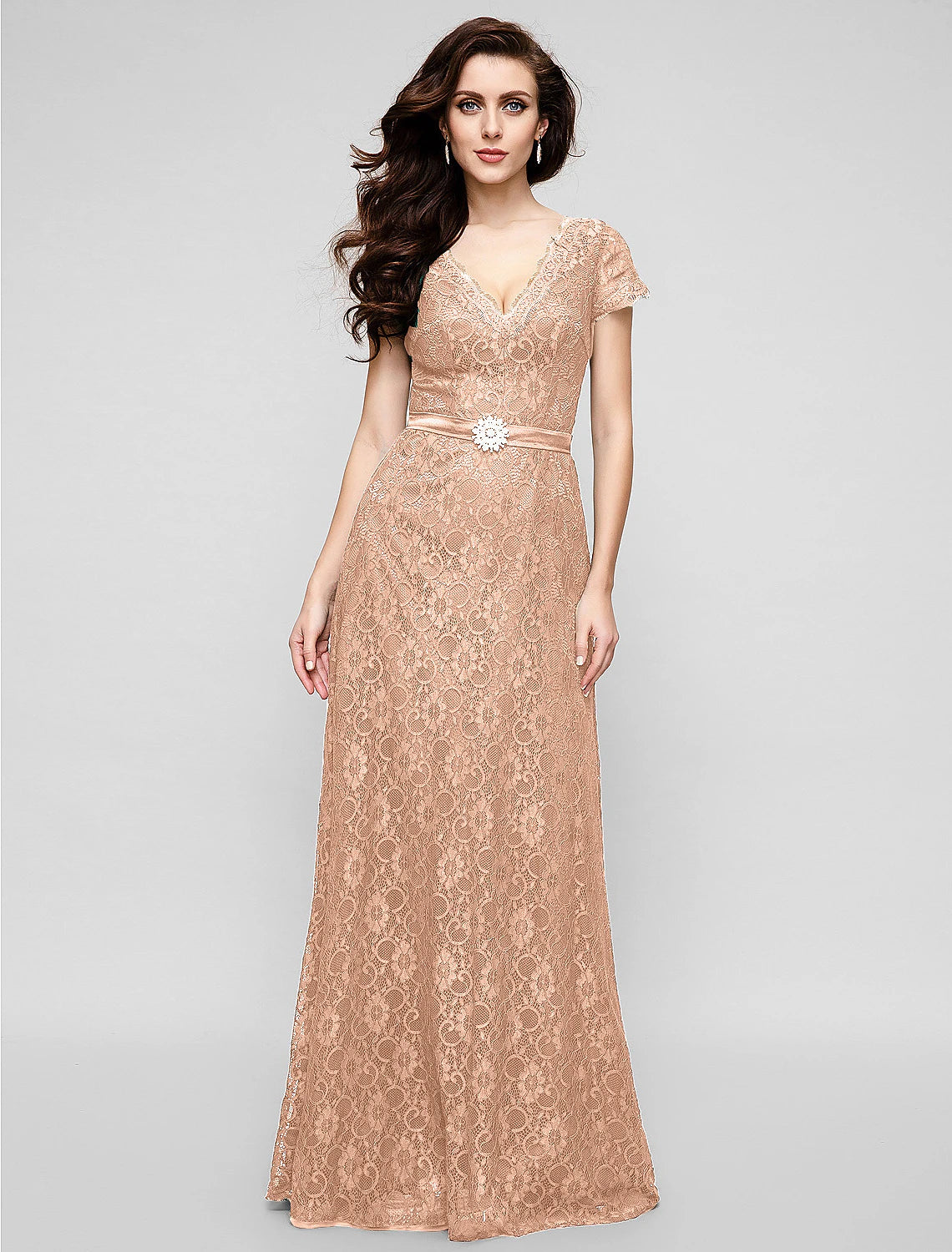 Wholesa A-Line Elegant Dress Holiday Cocktail Party Floor Length Short Sleeve V Neck All Over Lace with Crystal Brooch