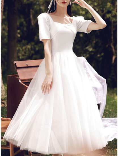 Wholesa Reception Little White Dresses Wedding Dresses A-Line Square Neck Short Sleeve Tea Length Satin Bridal Gowns With Pearls