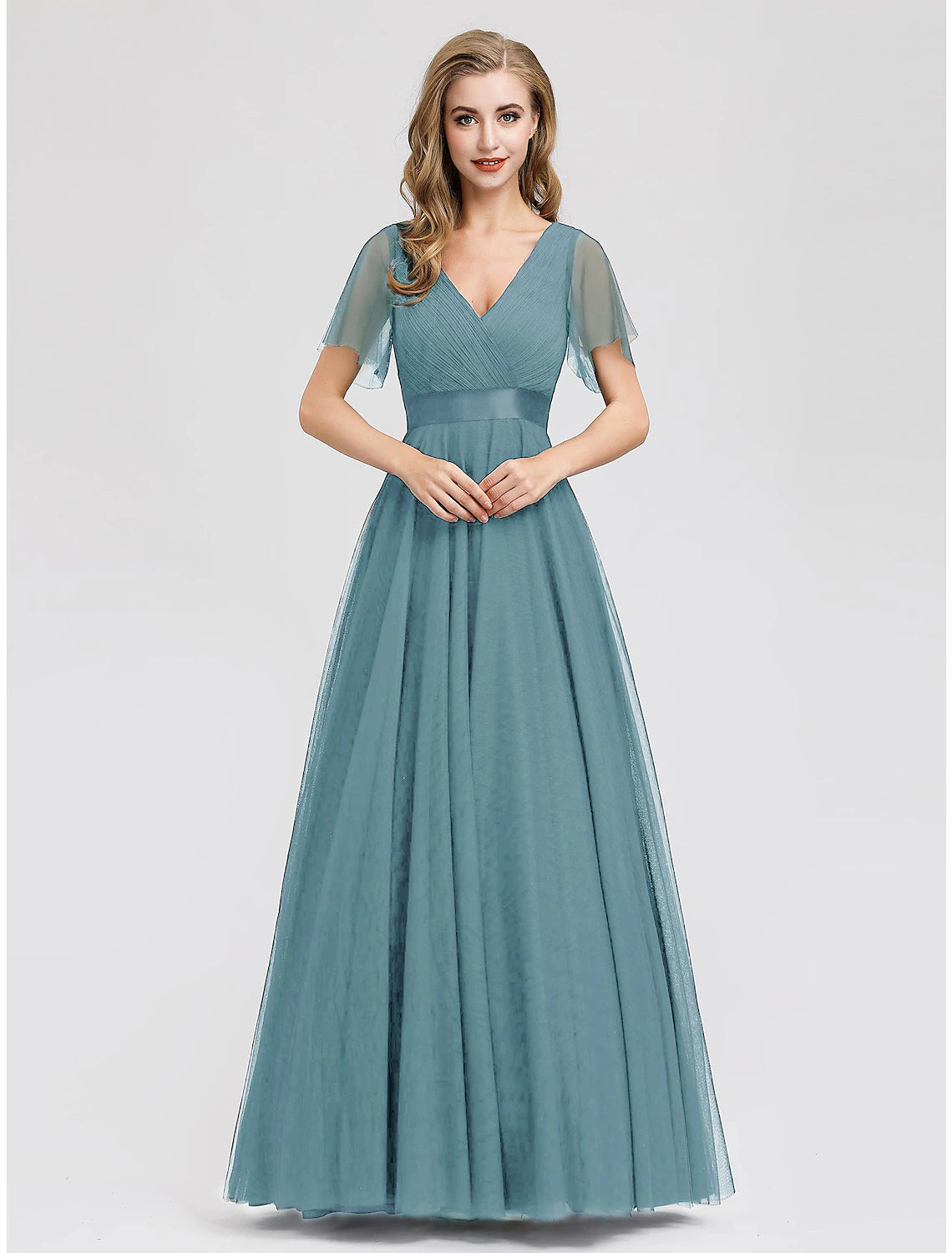 wholesale  A-Line Empire Wedding Guest Prom Dress V Neck V Back Short Sleeve Floor Length Chiffon with Pleats Ruched