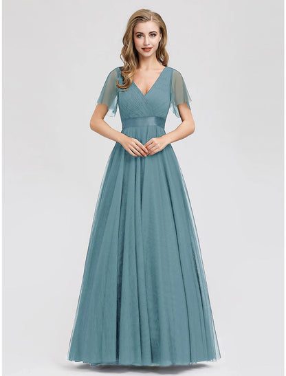 wholesale  A-Line Empire Wedding Guest Prom Dress V Neck V Back Short Sleeve Floor Length Chiffon with Pleats Ruched