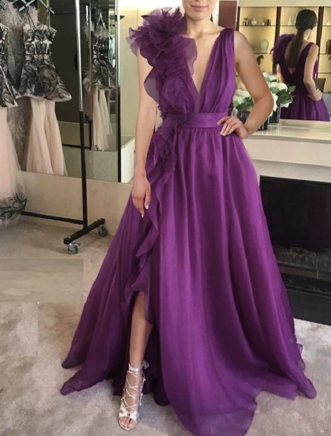 Wholesa A-Line Evening Gown Celebrity Style Dress Christmas Red Green Dress Formal Wedding Guest Floor Length Sleeveless V Neck Chiffon with Slit Pure Color