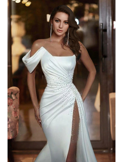 Wholesale Formal Wedding Dresses Mermaid / Trumpet Off Shoulder Sleeveless Court Train Satin Bridal Gowns With Beading 2023 Summer Wedding Party