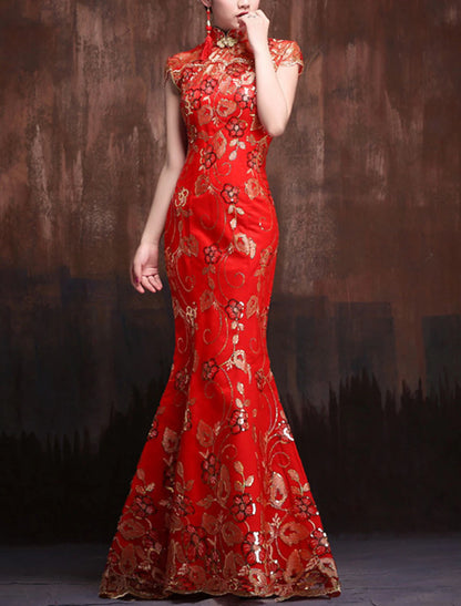Aimishang Mermaid / Trumpet Evening Gown Vintage Dress Wedding Guest Formal Evening Floor Length Short Sleeve High Neck Satin with Sequin Embroidery