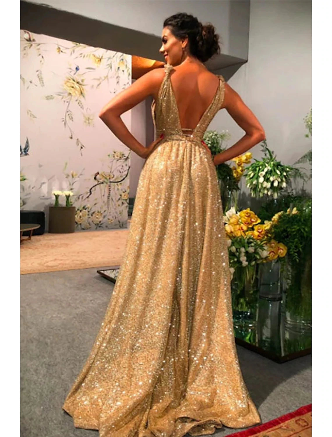 Wholesale A-Line Prom Dresses Glittering Dress Evening Party Sweep / Brush Train Sleeveless Spaghetti Strap Stretch Satin Backless with Rhinestone