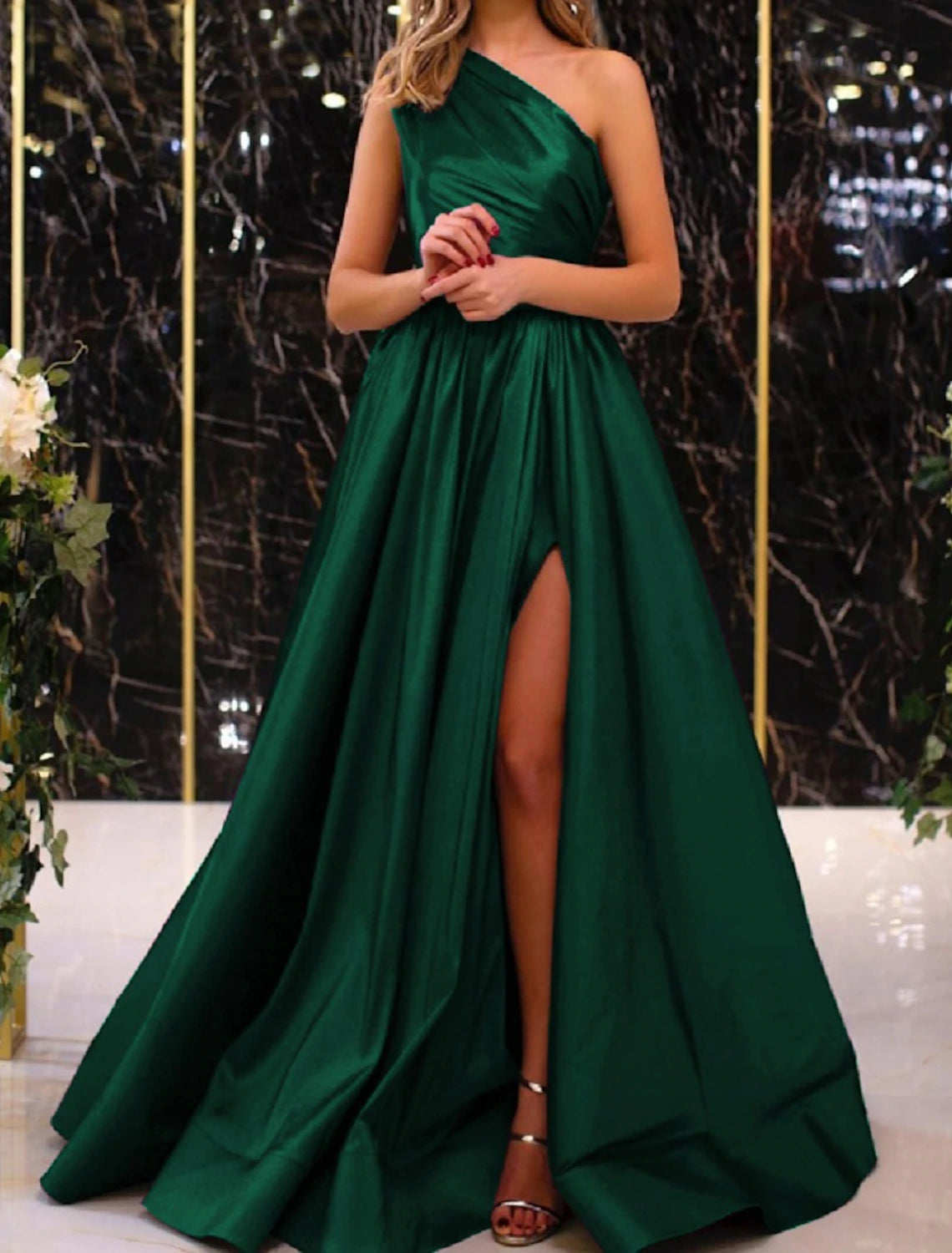 Wholesa A-Line Evening Gown Elegant Dress Wedding Guest Engagement Floor Length Sleeveless One Shoulder Satin with Pleats Slit