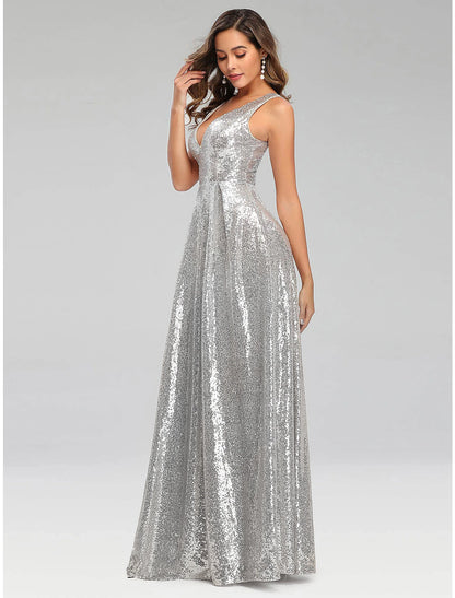 wholesale  A-Line Prom Dresses Sparkle Dress Wedding Guest Floor Length Sleeveless V Neck Polyester V Back with Sequin