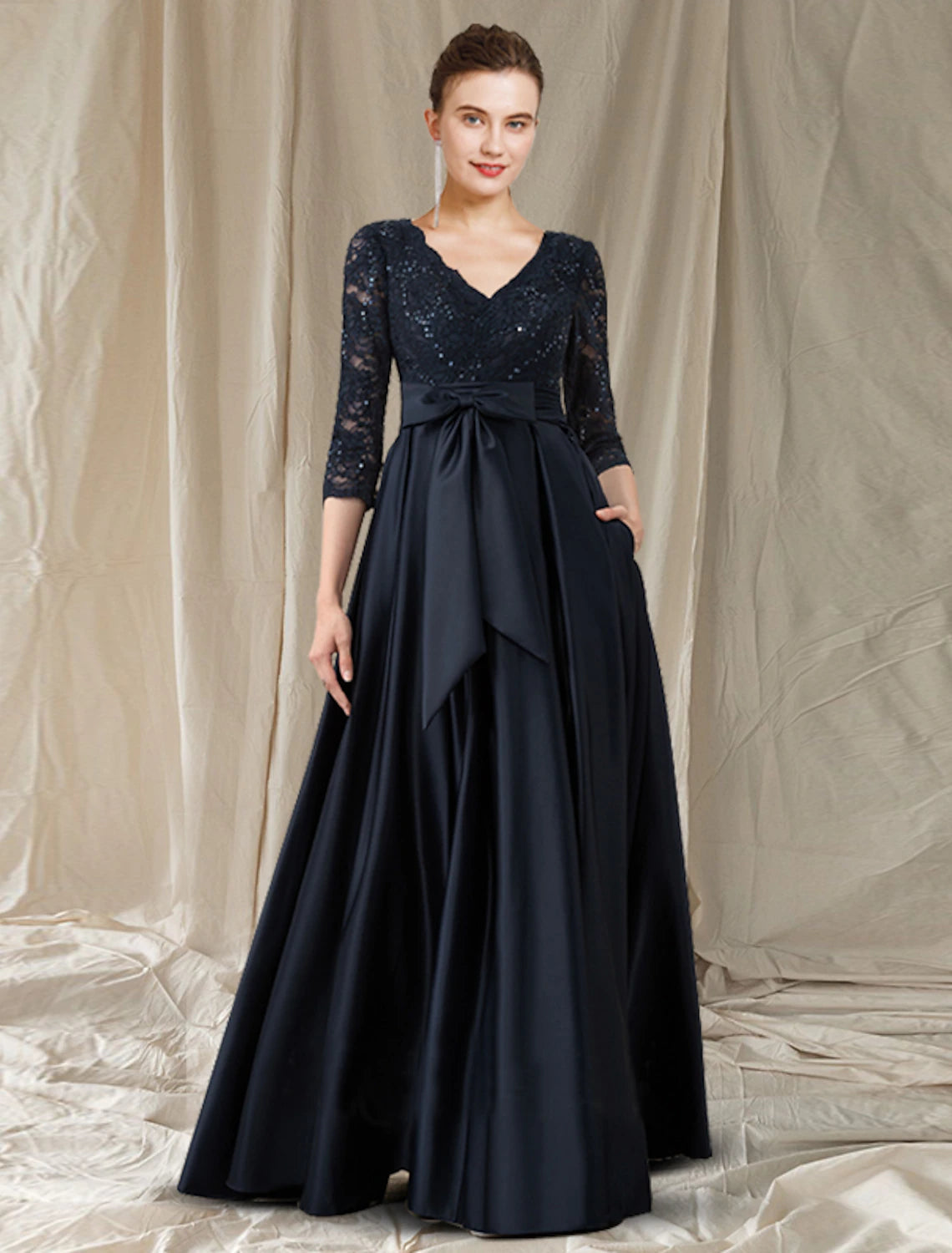 Wholesa A-Line Cut Out Elegant Engagement Formal Evening Dress V Neck Long Sleeve Floor Length Lace with Bow(s) Pocket