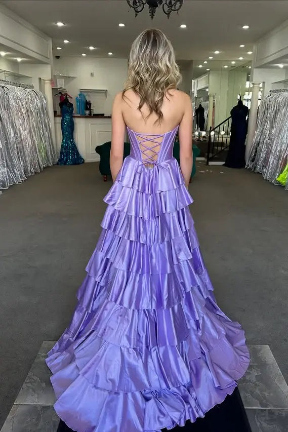 Aimishang Pretty A-Line Tiered Strapless Sleeveless Wedding Guest Party Dress Elegant Long Formal Prom Dress With Slit