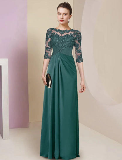 Wholesa  Sheath / Column Mother of the Bride Dress Simple Elegant Jewel Neck Floor Length Chiffon Lace Half Sleeve with Pleats Solid Color