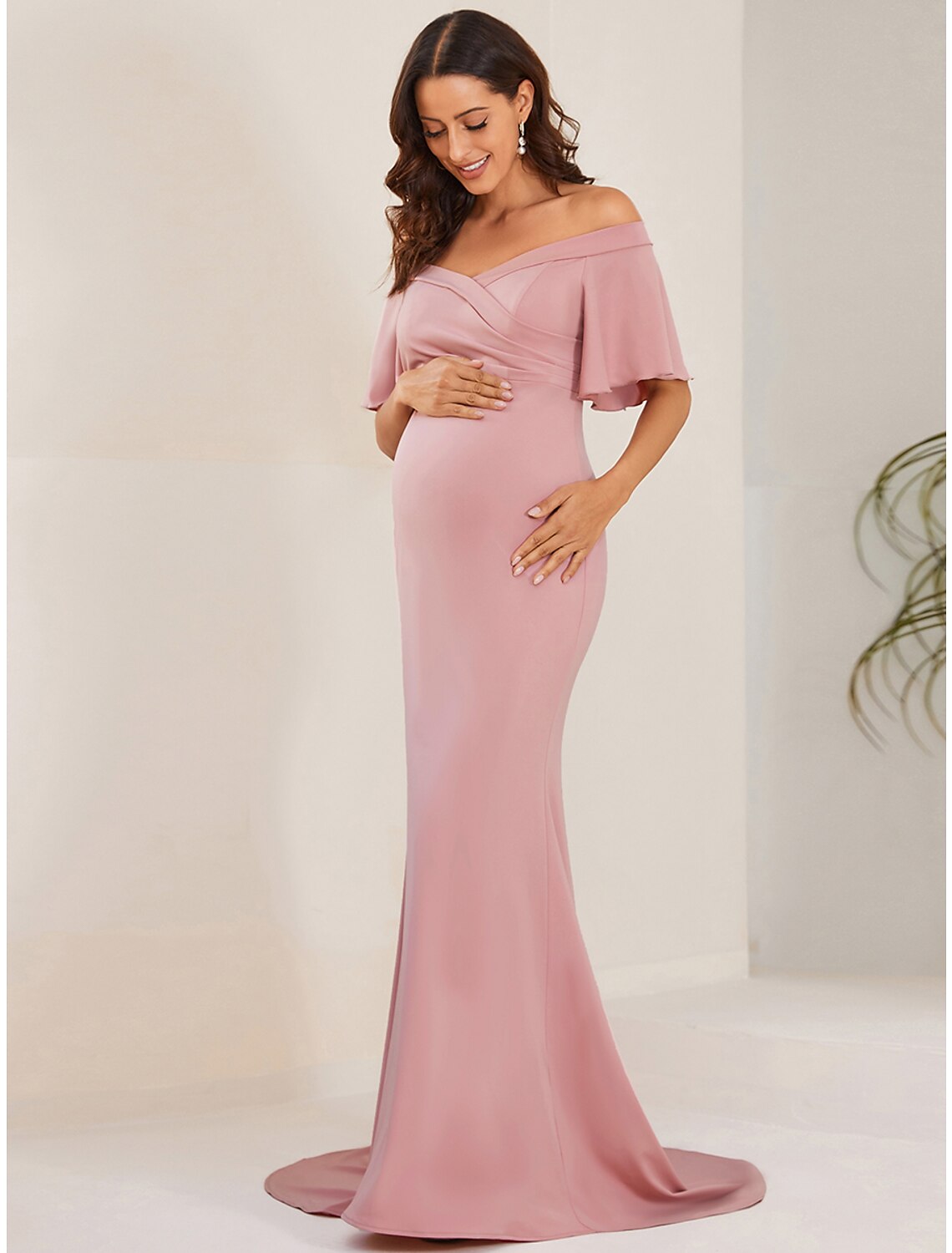 Wholesa Mermaid / Trumpet Maternity Dresses Maternity Dress Formal Wedding Party Court Train Short Sleeve Off Shoulder Stretch Fabric with Ruched Pure Color