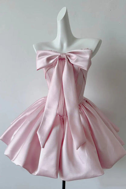 Aimishang Lovely Strapless A Line Satin Lace-Up Back Short Birthday Party Dress Cute Graduation Homecoming Dress with Bow
