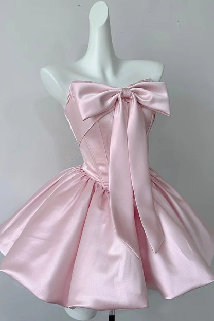 Aimishang Lovely Strapless A Line Satin Lace-Up Back Short Birthday Party Dress Cute Graduation Homecoming Dress with Bow