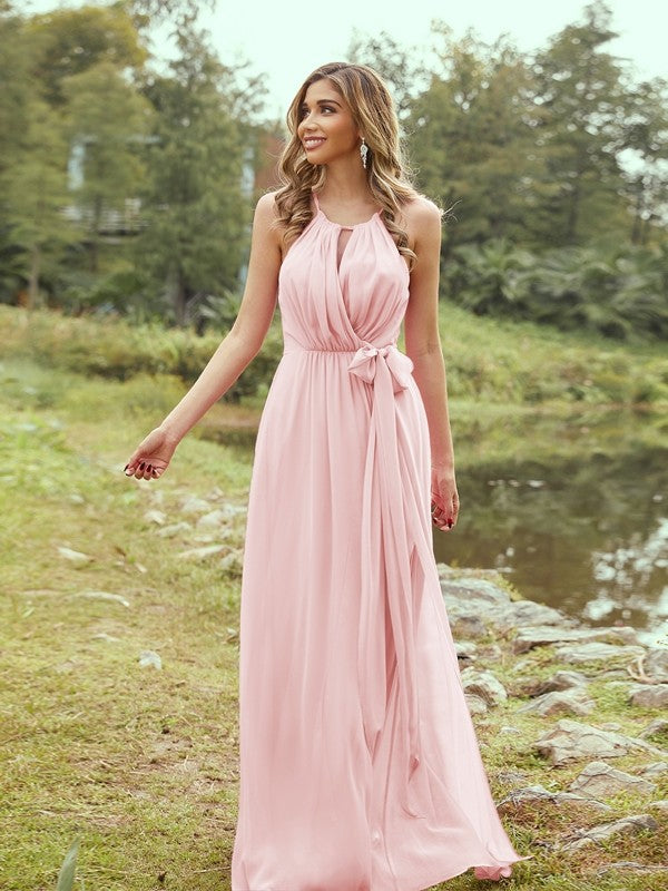 Wholesa A-Line/Princess Chiffon Ruffles Halter Sleeveless Sweep/Brush Train Bridesmaid Dresses