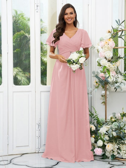 Wholesa A-Line/Princess Chiffon Ruffles V-neck Short Sleeves Floor-Length Bridesmaid Dresses