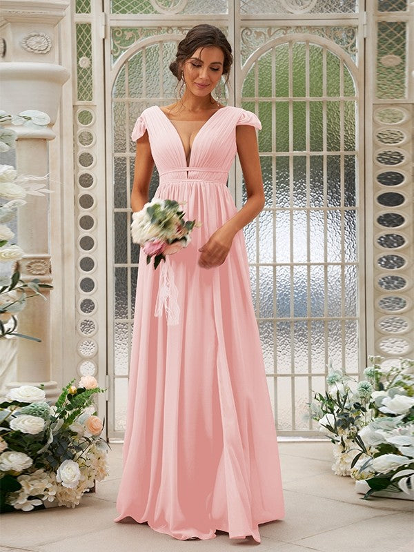 Wholesa A-Line/Princess Chiffon Ruffles V-neck Sleeveless Sweep/Brush Train Bridesmaid Dresses