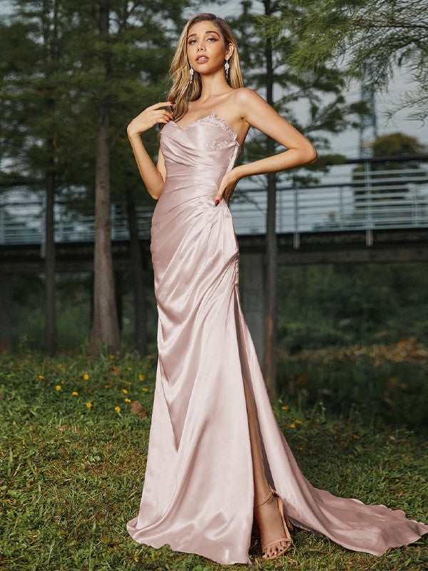 Wholesa Sheath/Column Silk like Satin Ruched Sweetheart Sleeveless Sweep/Brush Train Bridesmaid Dresses