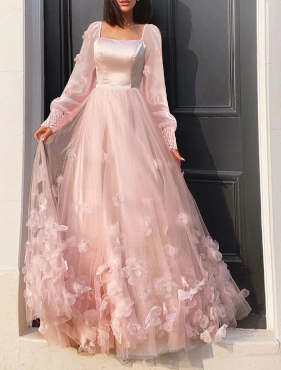 Wholesa A-Line Prom Dresses Maxi Dress Wedding Guest Sweet 16 Floor Length Long Sleeve Scoop Neck Tulle with Appliques Butterfly