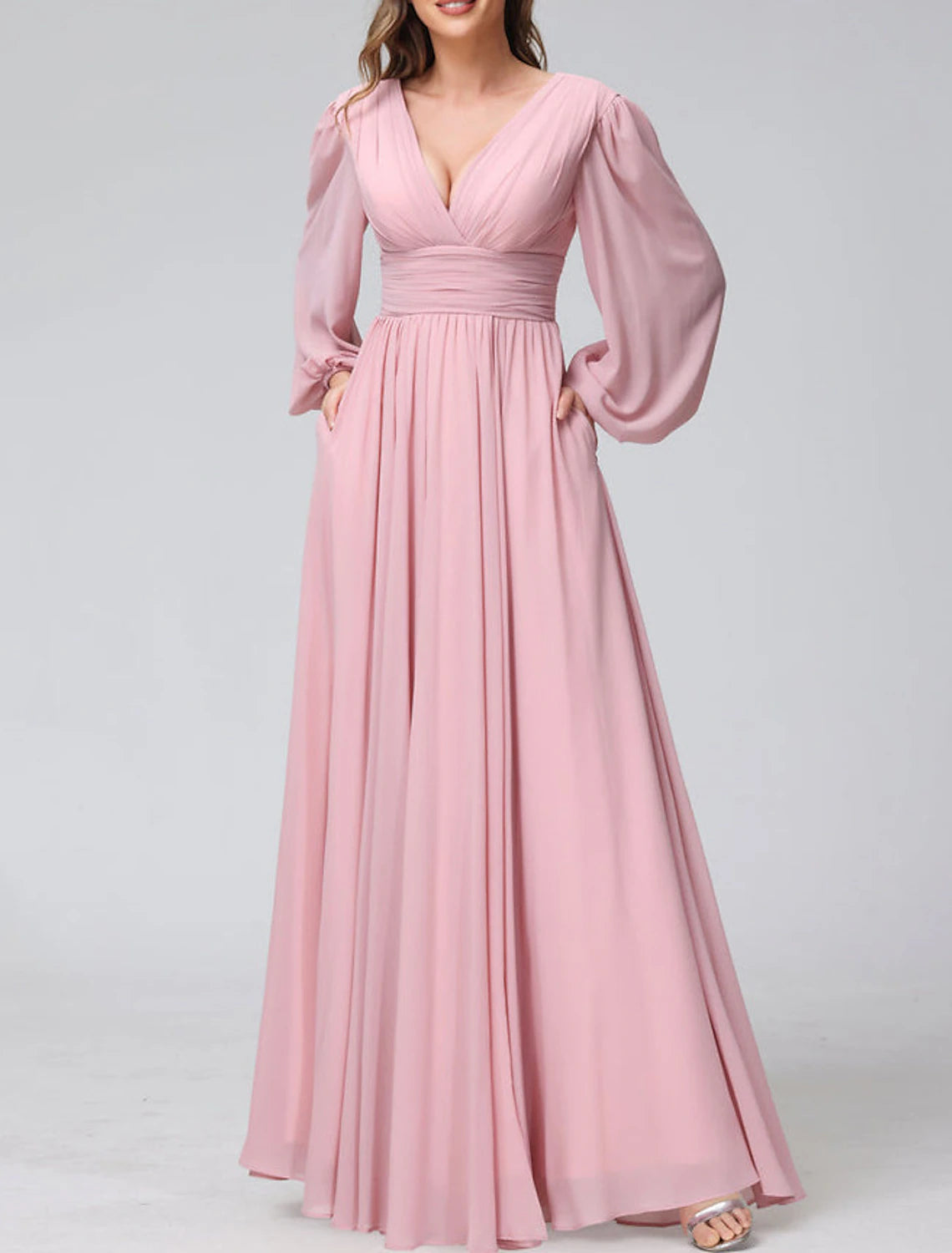 Wholesa A-Line Bridesmaid Dress V Neck Long Sleeve Pink Floor Length Chiffon with Split Front / Ruching