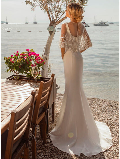 Wholesale Beach Open Back Casual Wedding Dresses Mermaid / Trumpet Square Neck Sleeveless Sweep / Brush Train Satin Bridal Gowns With Buttons Beading Summer Wedding Party