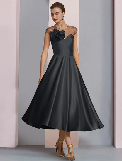 wholesale A-Line Mother of the Bride Dress Wedding Guest Party Elegant Scoop Neck Tea Length Satin Half Sleeve with Pleats Flower