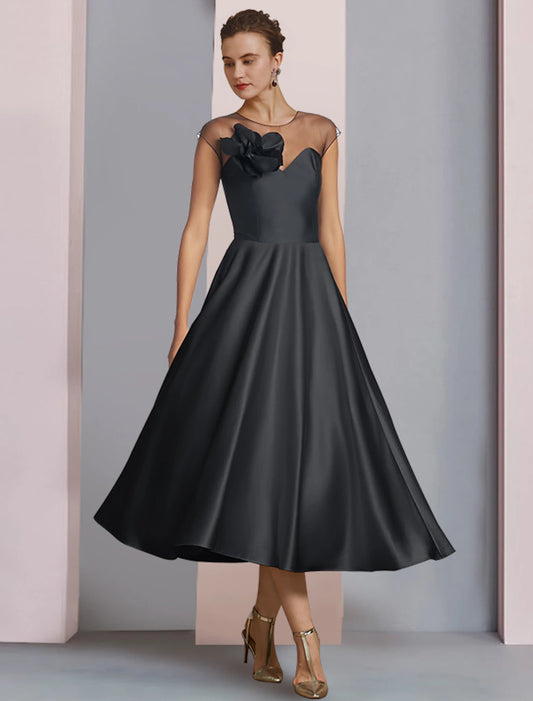 wholesale A-Line Mother of the Bride Dress Wedding Guest Party Elegant Scoop Neck Tea Length Satin Half Sleeve with Pleats Flower