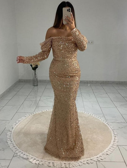 Wholesa Mermaid / Trumpet Evening Gown Elegant Dress Wedding Black Tie Floor Length Long Sleeve Off Shoulder Sequined with Pearls