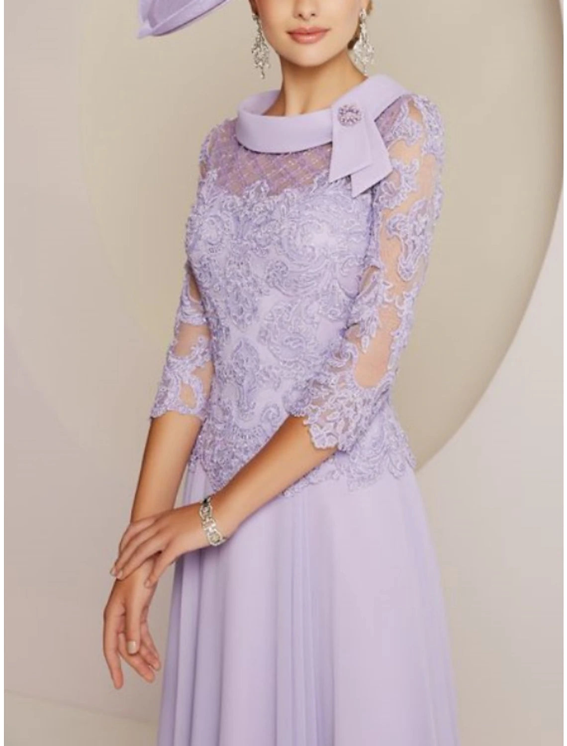 Wholesa Sheath / Column Mother of the Bride Dress Wedding Guest Party Sweet Scoop Neck Tea Length Chiffon Lace 3/4 Length Sleeve with Pleats Beading