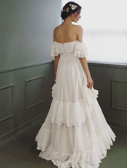 Wholesale Beach Wedding Dresses A-Line Off Shoulder Cap Sleeve Sweep / Brush Train Tulle Bridal Gowns With Ruffles Summer Wedding Party