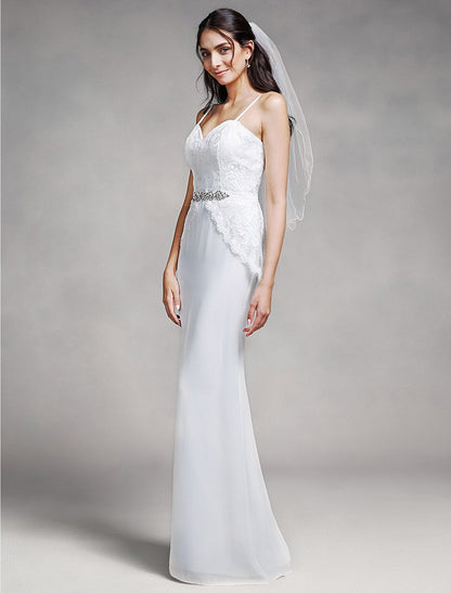 wholesale  Mermaid / Trumpet Bridesmaid Dress Spaghetti Strap Sleeveless Elegant Floor Length Chiffon / Lace with Lace / Crystals