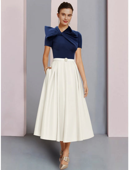 Wholesa  A-Line Mother of the Bride Dress Wedding Guest Elegant Jewel Neck Tea Length Satin Short Sleeve with Bow(s) Crystal Brooch Ruching