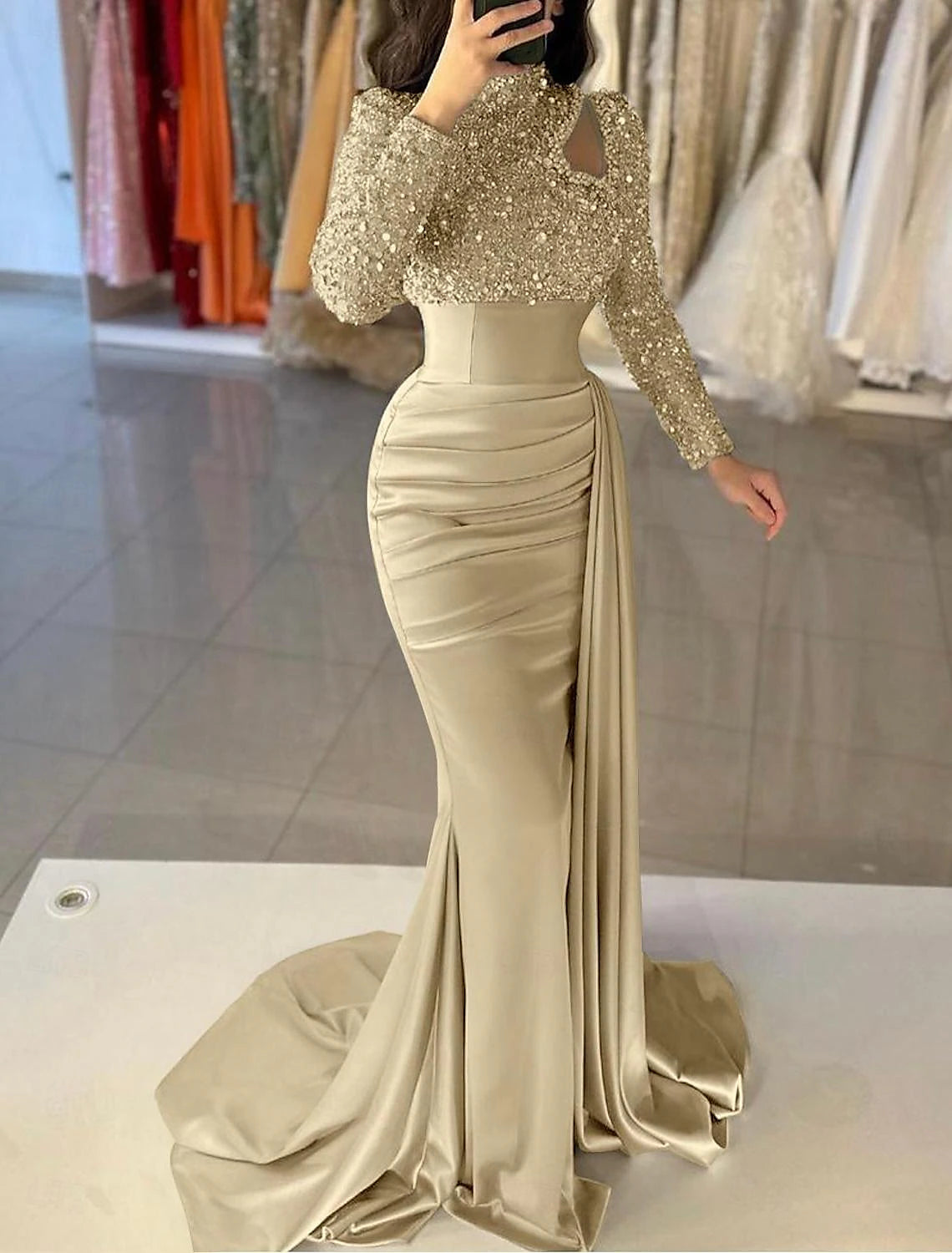 Wholesa Mermaid / Trumpet Evening Gown Elegant Dress Formal Sweep / Brush Train Long Sleeve High Neck Satin with Pearls Sequin