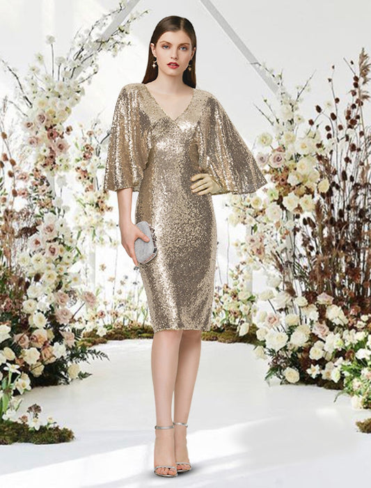 wholesale   Sheath / Column Cocktail Dresses Glittering Dress Graduation Knee Length Half Sleeve V Neck Sequined with Sleek