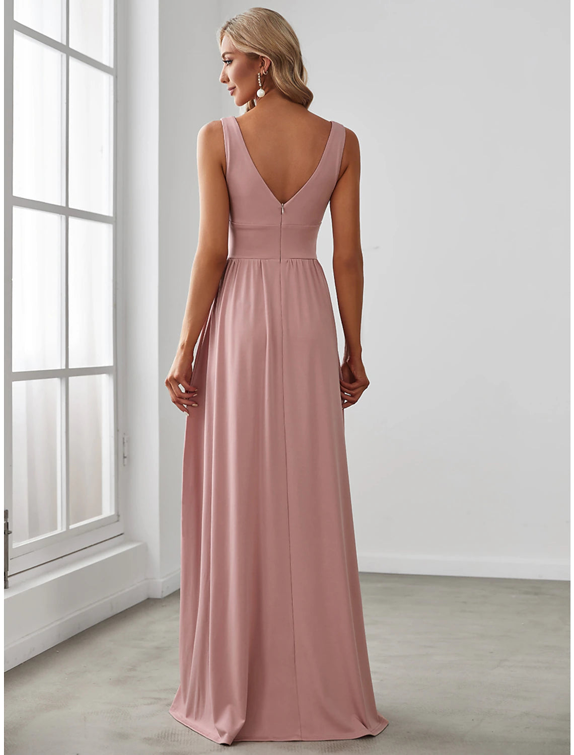 Wholesale A-Line Prom Dresses High Split Dress Wedding Guest Floor Length Sleeveless V Neck Chiffon V Back with Slit Pure Color