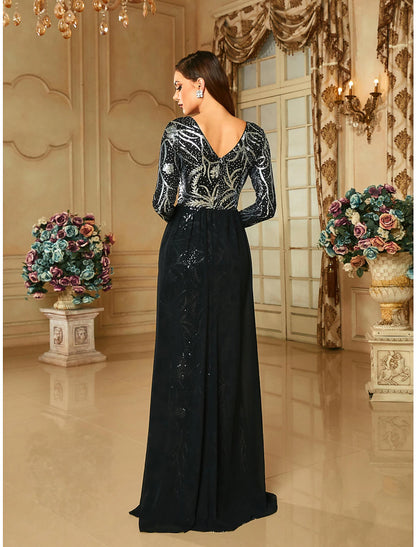 Wholesa Sheath / Column Evening Gown Elegant Dress Formal Sweep / Brush Train Long Sleeve V Neck Sequined with Glitter Pleats