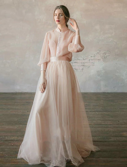 wholesale Two Piece Empire Minimalist Wedding Guest Formal Evening Birthday Dress Stand Collar Long Sleeve Floor Length Chiffon with Tier