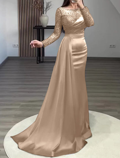 Aimishang Mermaid Dress Evening Gown Red Green Dress Formal Wedding Guest Court Train Long Sleeve Jewel Neck Charmeuse with Ruched Pearls Sequin