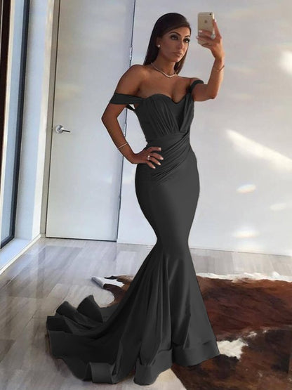 Wholesa Trumpet/Mermaid Sleeveless Off-the-Shoulder Sweep/Brush Train Ruffles Spandex Dresses