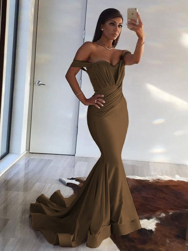 Wholesa Trumpet/Mermaid Sleeveless Off-the-Shoulder Sweep/Brush Train Ruffles Spandex Dresses