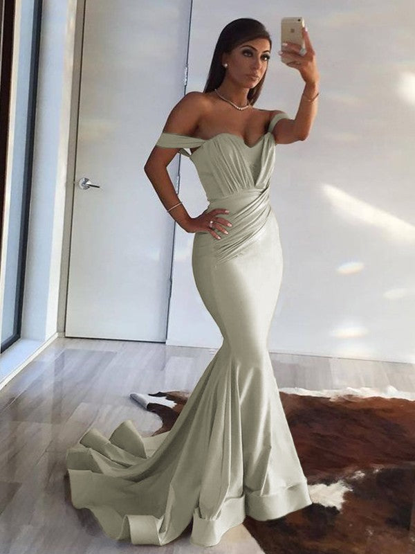 Wholesa Trumpet/Mermaid Sleeveless Off-the-Shoulder Sweep/Brush Train Ruffles Spandex Dresses