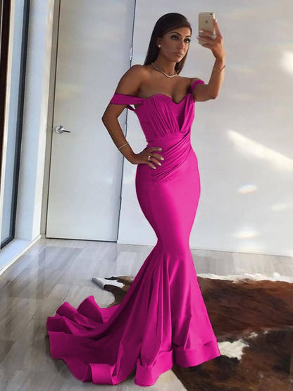 Wholesa Trumpet/Mermaid Sleeveless Off-the-Shoulder Sweep/Brush Train Ruffles Spandex Dresses