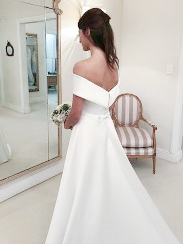 Wholesa  A-Line/Princess Off-the-Shoulder Sleeveless Sweep/Brush Train Ruffles Satin Wedding Dresses