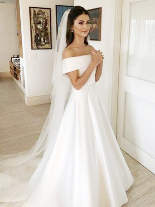 Wholesa  A-Line/Princess Off-the-Shoulder Sleeveless Sweep/Brush Train Ruffles Satin Wedding Dresses