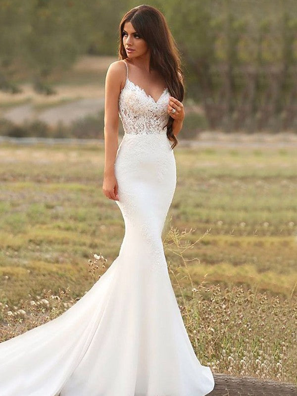 Wholesa  rumpet/Mermaid Stretch Crepe Applique Spaghetti Straps Sleeveless Court Train Wedding Dresses