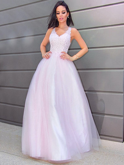 Wholesa A-Line/Princess V-neck Sleeveless Applique Tulle Floor-Length Dresses