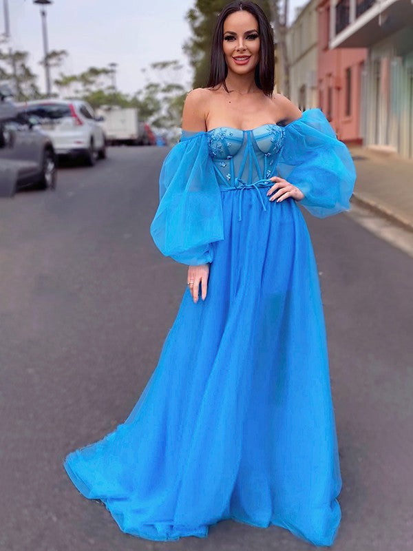 Wholesa A-Line/Princess Tulle Beading Off-the-Shoulder Long Sleeves Sweep/Brush Train Dresses