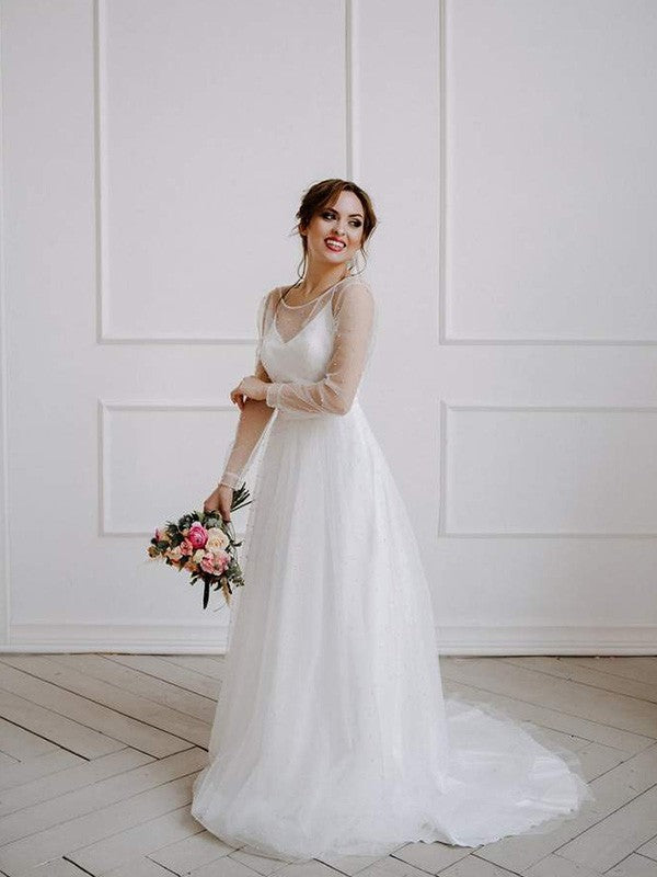 Wholesa A-Line/Princess Tulle Beading Scoop Long Sleeves Sweep/Brush Train Wedding Dresses