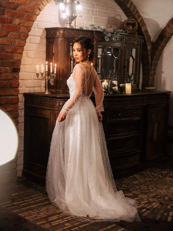 Wholesa A-Line/Princess Tulle Beading Scoop Long Sleeves Sweep/Brush Train Wedding Dresses