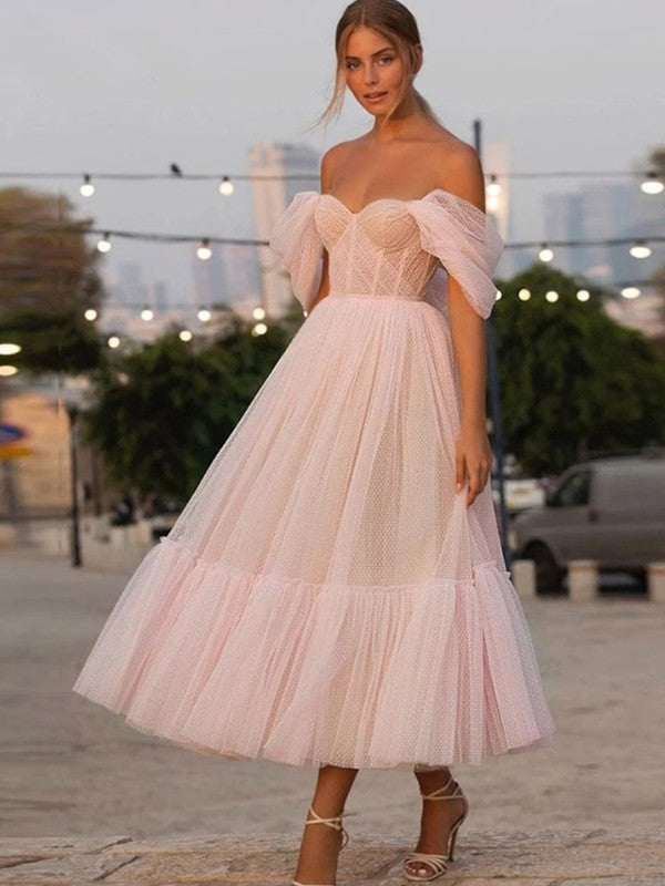 Wholesale A-Line/Princess Tulle Ruffles Off-the-Shoulder Sleeveless Tea-Length Homecoming Dresses