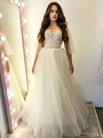 Wholesa A-Line/Princess Lace Applique Off-the-Shoulder 1/2 Sleeves Floor-Length Wedding Dresses